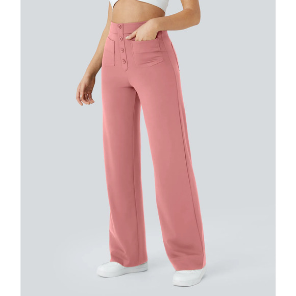 Halara High Waisted Pull On Retro Button Breathable Casual Pants Candy Pink L - Picture 1 of 7